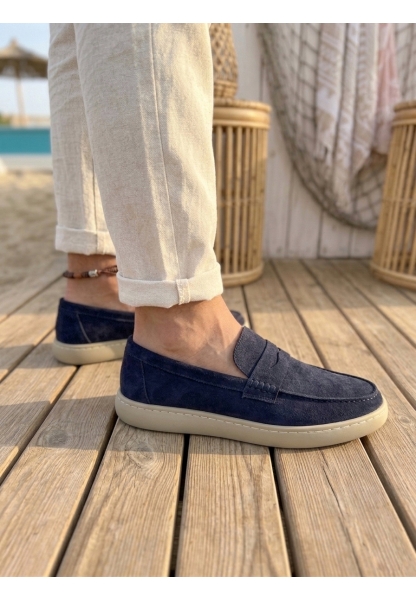 TGE0251 %100 İçi Dışı Hakiki Deri Erkek Lacivert Süet Casual Loafer Kauçuk Rahat Taban Dikişli Ayakkabı
