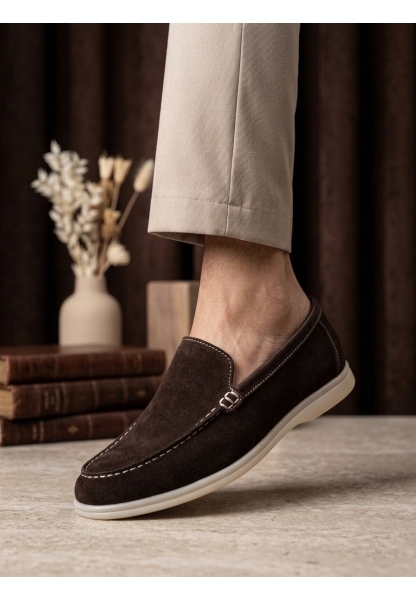 TGE0252 %100 İçi Dışı Hakiki Deri Erkek Kahverengi Süet Casual Loafer Termo Taban Ayakkabı