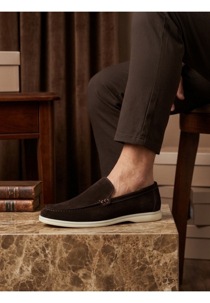 TGE0252 %100 İçi Dışı Hakiki Deri Erkek Kahverengi Süet Casual Loafer Termo Taban Ayakkabı