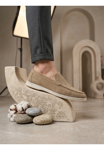 TGE0252 %100 İçi Dışı Hakiki Deri Erkek Krem Süet Casual Loafer Termo Taban Ayakkabı