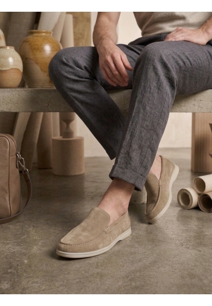 TGE0252 %100 İçi Dışı Hakiki Deri Erkek Krem Süet Casual Loafer Termo Taban Ayakkabı