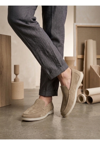 TGE0252 %100 İçi Dışı Hakiki Deri Erkek Krem Süet Casual Loafer Termo Taban Ayakkabı