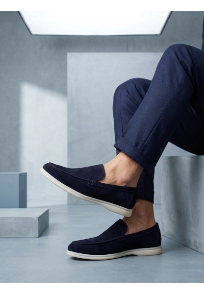 TGE0252 %100 İçi Dışı Hakiki Deri Erkek Lacivert Süet Casual Loafer Termo Taban Ayakkabı