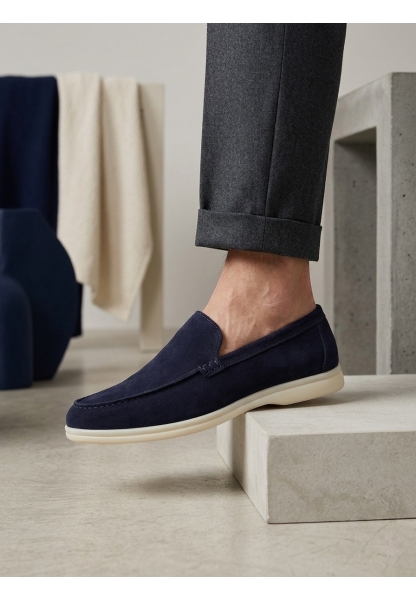 TGE0252 %100 İçi Dışı Hakiki Deri Erkek Lacivert Süet Casual Loafer Termo Taban Ayakkabı