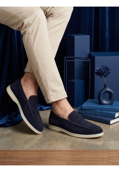 TGE0252 %100 İçi Dışı Hakiki Deri Erkek Lacivert Süet Casual Loafer Termo Taban Ayakkabı