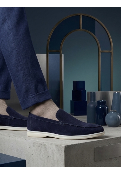 TGE0252 %100 İçi Dışı Hakiki Deri Erkek Lacivert Süet Casual Loafer Termo Taban Ayakkabı