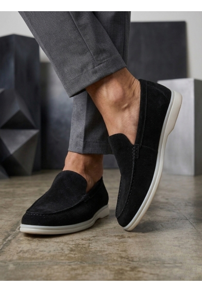 TGE0252 %100 İçi Dışı Hakiki Deri Erkek Siyah Süet Casual Loafer Termo Taban Ayakkabı