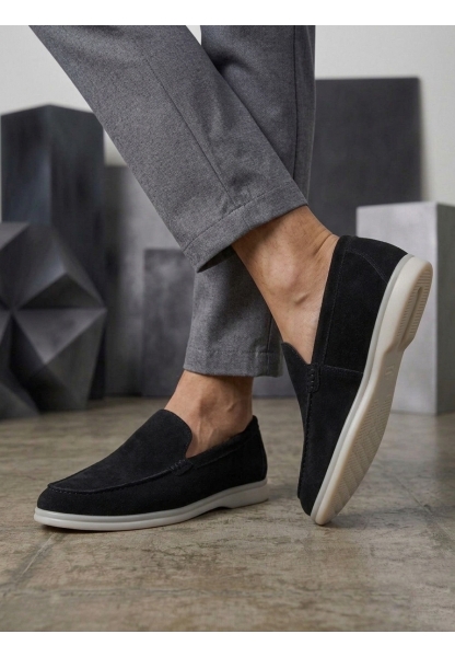 TGE0252 %100 İçi Dışı Hakiki Deri Erkek Siyah Süet Casual Loafer Termo Taban Ayakkabı