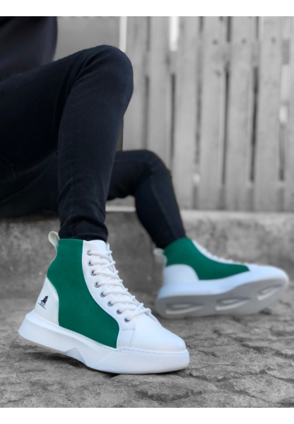 Tugerdi Bağcıklı Suni Deri Yüksek Taban Beyaz Yeşil Erkek Spor Bot TGE230406