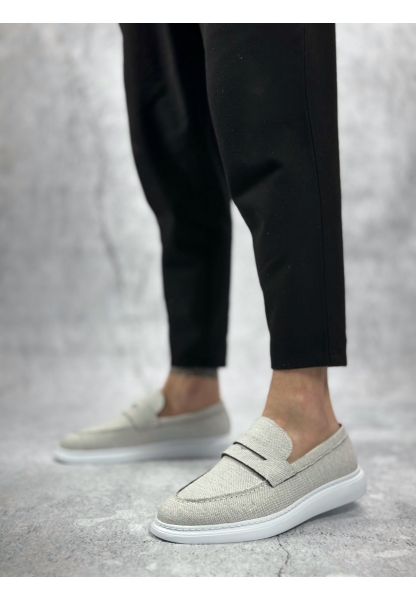 Tugerdi Beyaz Keten Bağcıksız Beyaz Taban Klasik Corcik Erkek Ayakkabı TGE230505