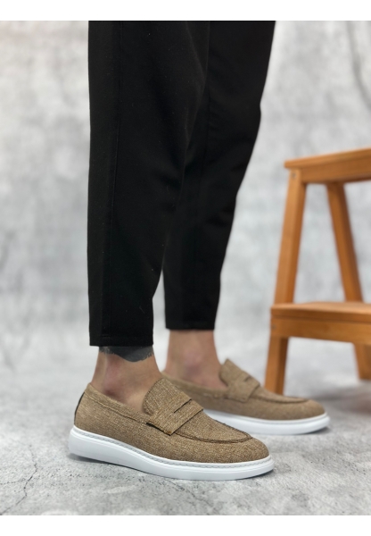 Tugerdi Hardal Keten Bağcıksız Beyaz Taban Klasik Corcik Erkek Ayakkabı TGE230505