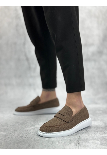 Tugerdi Kahverengi Keten Bağcıksız Beyaz Taban Klasik Corcik Erkek Ayakkabı TGE230505