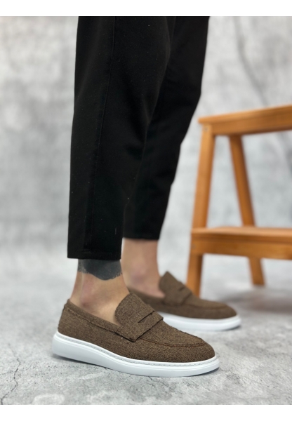 Tugerdi Kahverengi Keten Bağcıksız Beyaz Taban Klasik Corcik Erkek Ayakkabı TGE230505