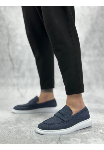 Tugerdi Lacivert Keten Bağcıksız Beyaz Taban Klasik Corcik Erkek Ayakkabı TGE230505