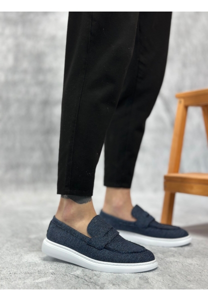 Tugerdi Lacivert Keten Bağcıksız Beyaz Taban Klasik Corcik Erkek Ayakkabı TGE230505