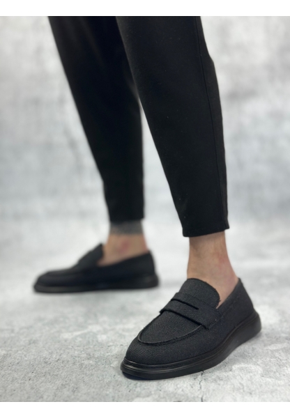 Tugerdi Siyah Keten Bağcıksız Hafif Siyah Taban Klasik Corcik Erkek Ayakkabı TGE230505