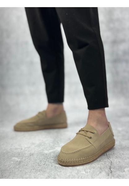 Tugerdi Bej Doğal Deri Tozu Bağcıklı Kauçuk Taban El Yapımı Espadril Günlük Erkek Ayakkabı TGE230508