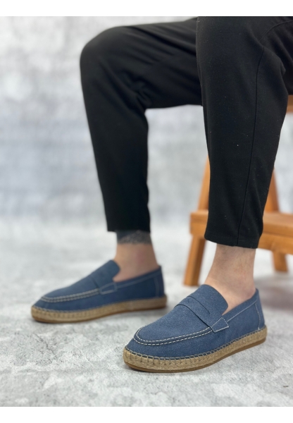 Tugerdi Mavi Doğal Deri Tozu Kauçuk Taban El Yapımı Espadril Günlük Erkek Ayakkabı TGE230508