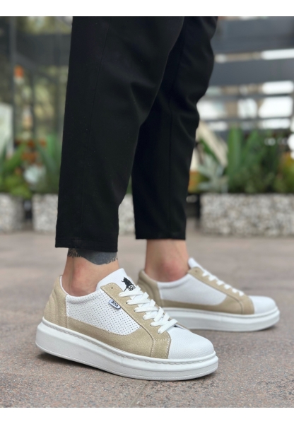 Tugerdi Beyaz Krem Kalın Yüksek Taban Bağcıklı Hafif Taban Tarz Spor Erkek Ayakkabı TGE230573