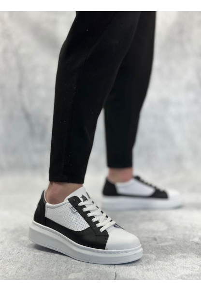 Tugerdi Beyaz-Siyah Kalın Yüksek Beyaz Taban Siyah Bağcıklı Tarz Erkek Spor Ayakkabı TGE230573