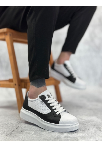 Tugerdi Beyaz-Siyah Kalın Yüksek Beyaz Taban Siyah Bağcıklı Tarz Erkek Spor Ayakkabı TGE230573