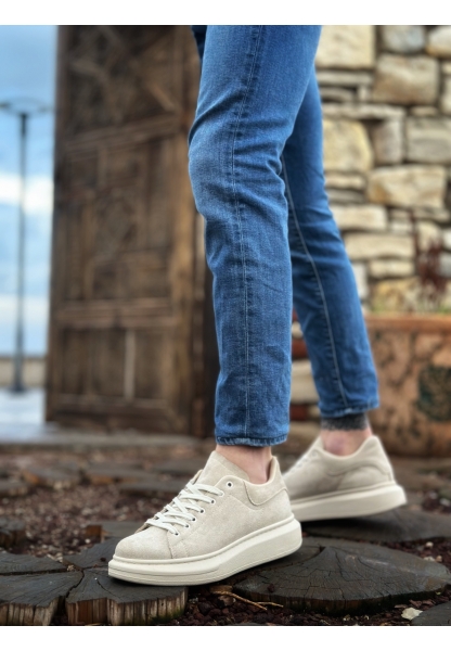 Tugerdi Krem Süet Bağcıklı Kalın Yüksek Taban Tarz Erkek Spor Ayakkabı TGE230678995