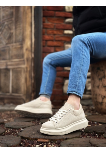 Tugerdi Krem Süet Bağcıklı Kalın Yüksek Taban Tarz Erkek Spor Ayakkabı TGE230678995