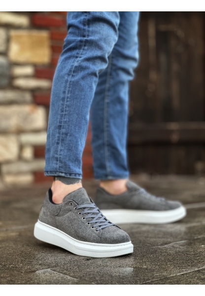 Tugerdi Gri Süet Bağcıklı Beyaz Kalın Yüksek Taban Tarz Erkek Spor Ayakkabı TGE230678995