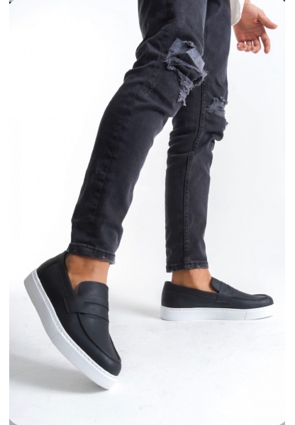 TGE0580 Bağcıksız Kuşaklı Yüksek Siyah Beyaz Taban Erkek Ayakkabı