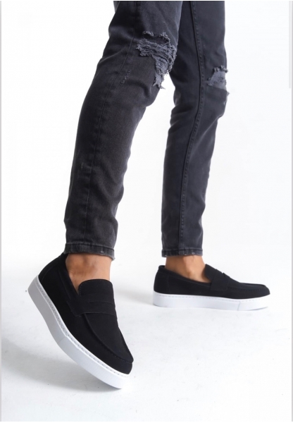 TGE0580 Bağcıksız Kuşaklı Yüksek Süet Siyah Beyaz Taban Erkek Ayakkabı