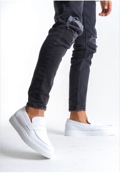 TGE0580 Bağcıksız Kuşaklı Yüksek Taban Beyaz Cilt Erkek Ayakkabı