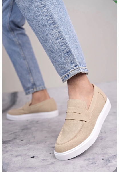 TGE0580 Bağcıksız Kuşaklı Yüksek Taban Krem Süet Erkek Ayakkabı