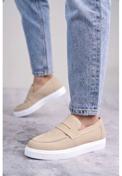 TGE0580 Bağcıksız Kuşaklı Yüksek Taban Krem Süet Erkek Ayakkabı