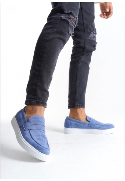 TGE0580 Bağcıksız Kuşaklı Yüksek Taban Mavi Süet Erkek Ayakkabı
