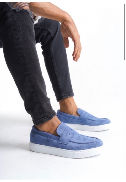 TGE0580 Bağcıksız Kuşaklı Yüksek Taban Mavi Süet Erkek Ayakkabı