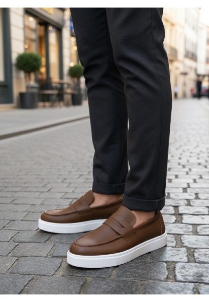TGE0580 Bağcıksız Kuşaklı Yüksek Taban Taba Cilt Erkek Ayakkabı