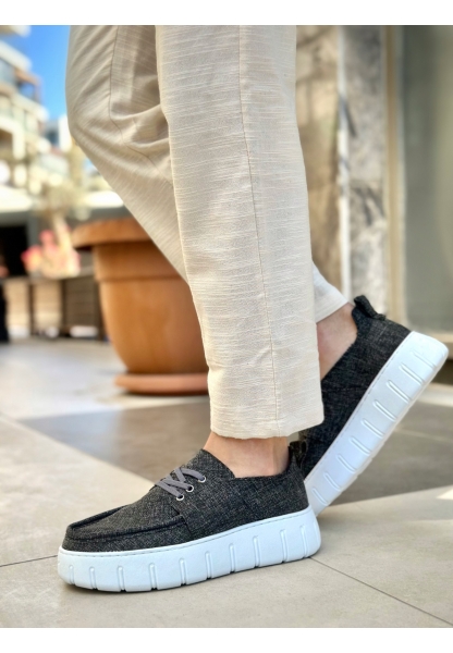 Tugerdi Gri Keten Hafif Yüksek Taban Bağcıklı Tarz Erkek Yazlık Ayakkabı TGE230826
