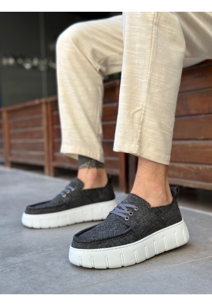 Tugerdi Gri Keten Hafif Yüksek Taban Bağcıklı Tarz Erkek Yazlık Ayakkabı TGE230826