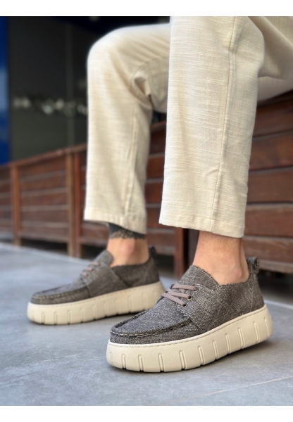 Tugerdi Kahverengi Keten Hafif Yüksek Taban Bağcıklı Tarz Erkek Yazlık Ayakkabı TGE230826