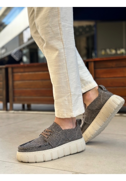 Tugerdi Kahverengi Keten Hafif Yüksek Taban Bağcıklı Tarz Erkek Yazlık Ayakkabı TGE230826