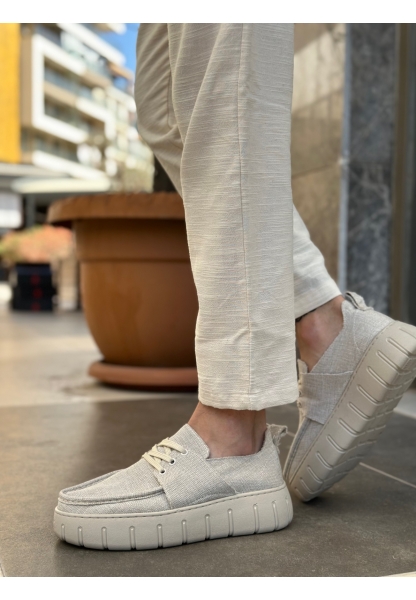 Tugerdi Krem Keten Hafif Yüksek Taban Bağcıklı Erkek Yazlık Ayakkabı TGE230826