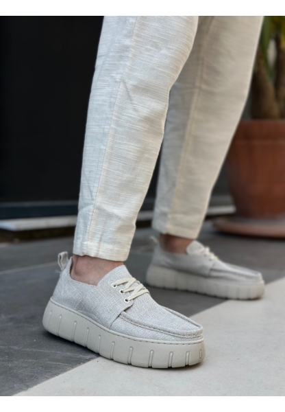 Tugerdi Krem Keten Hafif Yüksek Taban Bağcıklı Erkek Yazlık Ayakkabı TGE230826