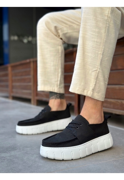 Tugerdi Siyah Keten Hafif Yüksek Beyaz Taban Tarz Erkek Yazlık Ayakkabı TGE230826