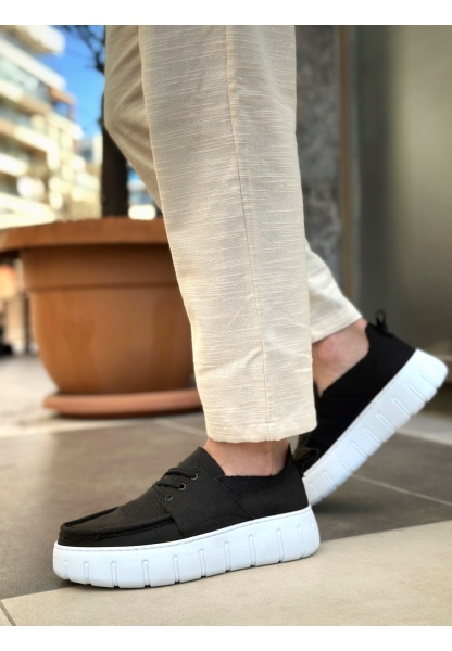 Tugerdi Siyah Keten Hafif Yüksek Beyaz Taban Tarz Erkek Yazlık Ayakkabı TGE230826