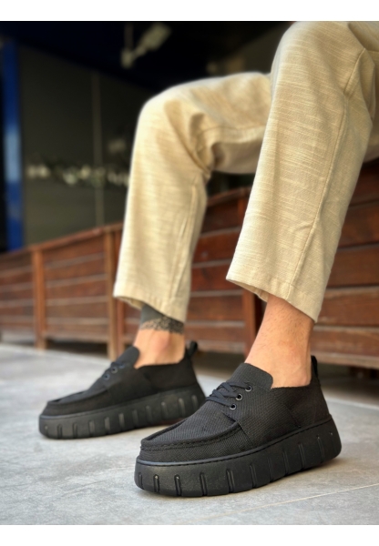 Tugerdi Siyah Keten Yüksek Hafif Taban Tarz Erkek Yazlık Ayakkabı TGE230826