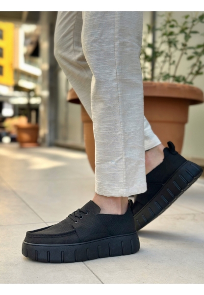 Tugerdi Siyah Keten Yüksek Hafif Taban Tarz Erkek Yazlık Ayakkabı TGE230826