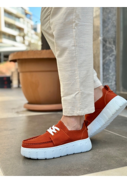 Tugerdi Turuncu Keten Hafif Yüksek Taban Bağcıklı Tarz Erkek Yazlık Ayakkabı TGE230826