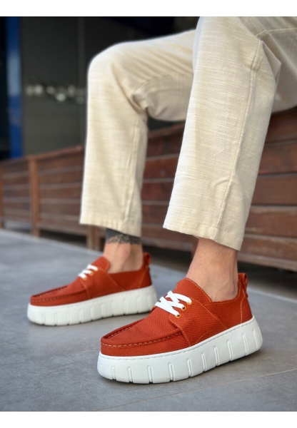 Tugerdi Turuncu Keten Hafif Yüksek Taban Bağcıklı Tarz Erkek Yazlık Ayakkabı TGE230826