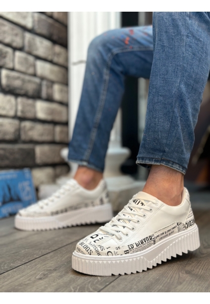 Tugerdi Beyaz Paraşüt Kumaş Gazete Desenli Yüksek Hafif Taban Erkek Spor Ayakkabı TGE230951