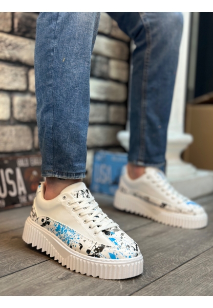 Tugerdi Beyaz Mavi Desenli Bağcıklı Yüksek Hafif Taban Tarz Erkek Spor Ayakkabı TGE230951